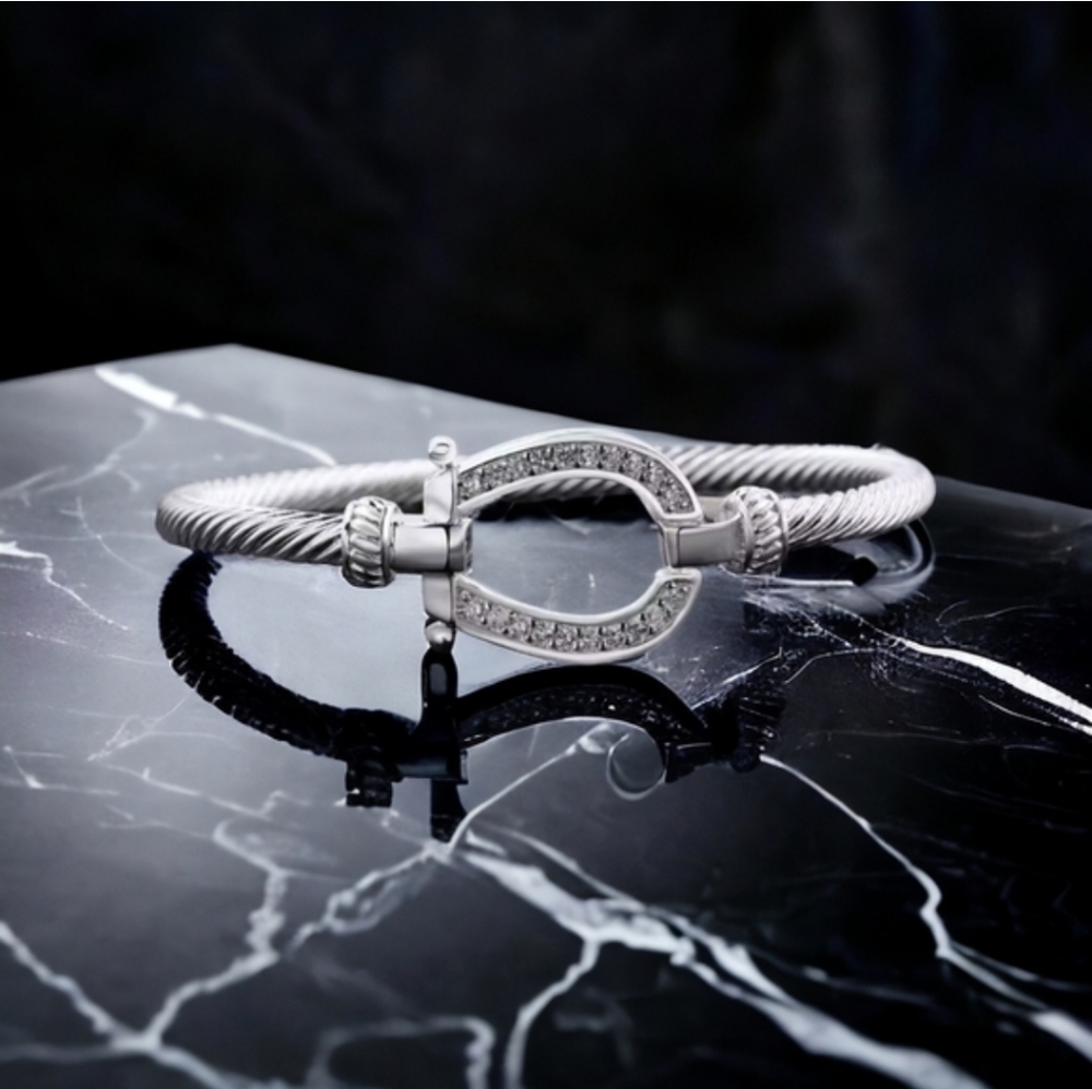 Sterling Silver 925 Horsebit Twisted Cable Zircon Crystal Luxury Bracelet - Picture 3 of 5